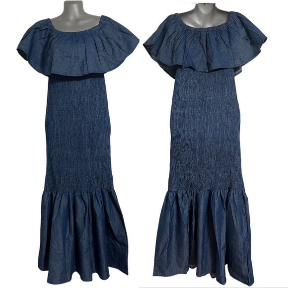 Women's Denim Smocking Off Shoulder Mermaid Dress Blue One Size New - Picture 1 of 9